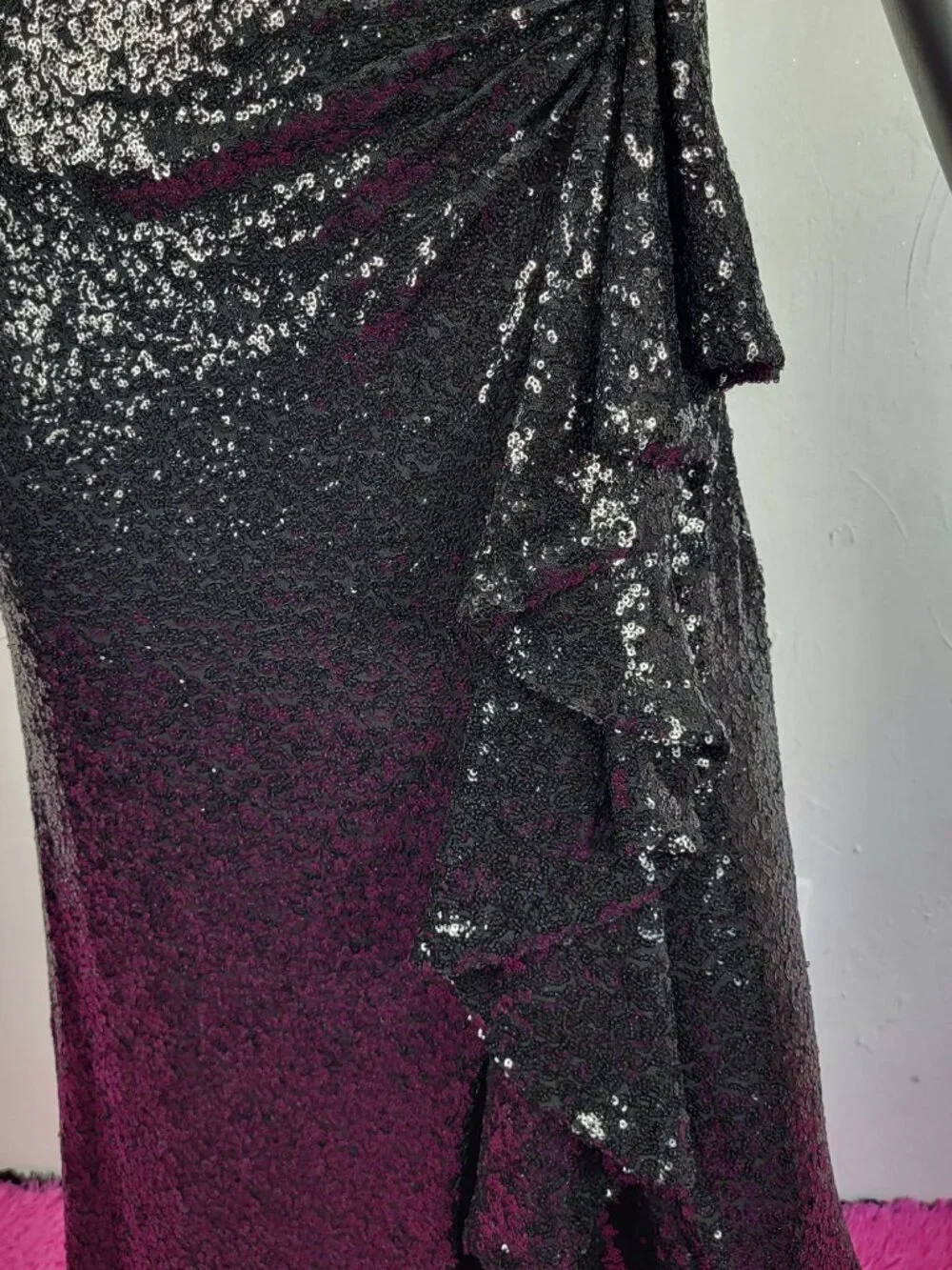 NWT~$595~TADASHI SHOJI~M~BLACK SEQUIN SLIT RUFFLE RUCHED PROM EVENING MAXI DRESS